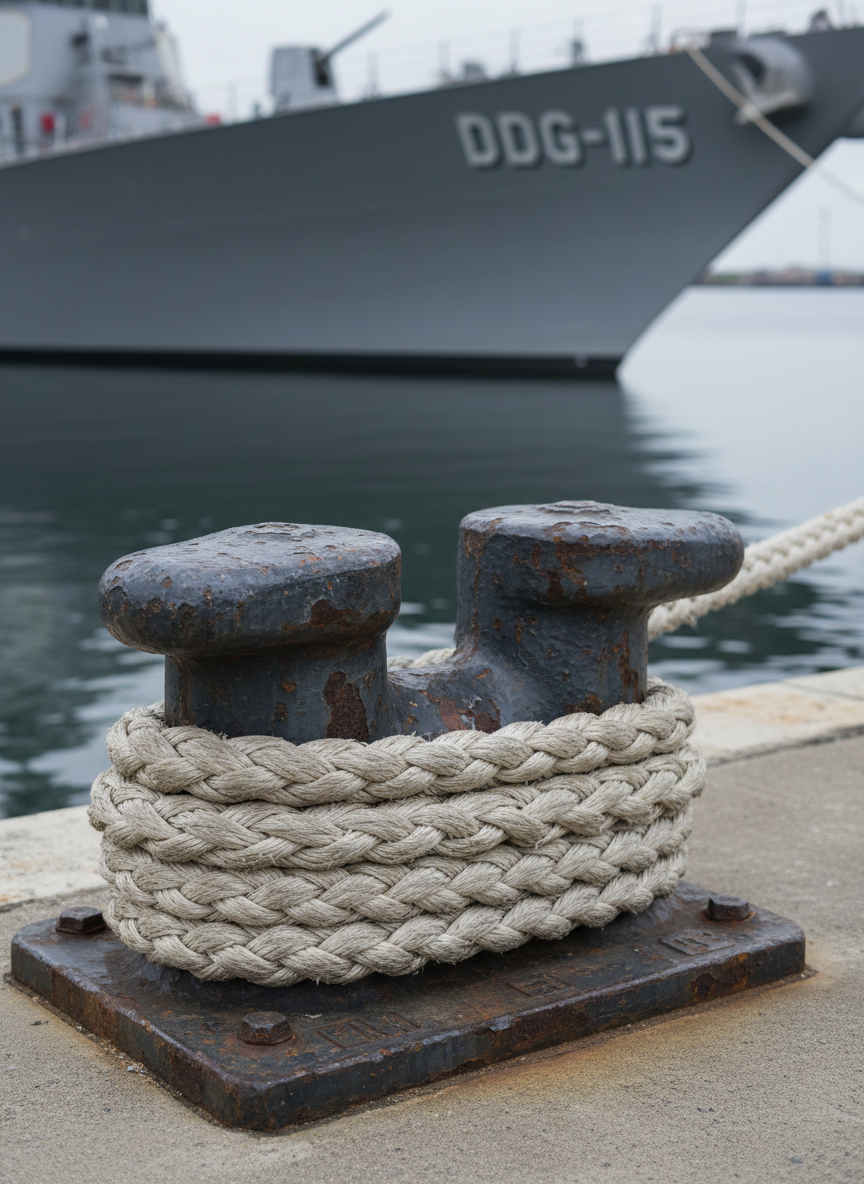 A photographic realism close-up of a rugged, weathered steel mooring bollard on a naval dock, its dark grey paint slightly chipped, wrapped with a thick, meticulously coiled synthetic mooring line in muted off-white. In the softly blurred background, the hull of a modern grey naval vessel with clean angular lines, hull numbers, and a faint reflection on the calm water is visible. Early morning overcast light creates gentle, diffuse illumination with no harsh shadows, emphasizing textures in the rope fibers and the bollard’s worn metal surface. Captured from a low, side-on angle with shallow depth of field, the composition feels grounded, stable, and dependable, symbolizing secure sustainment and long-term maritime support without showing any people.