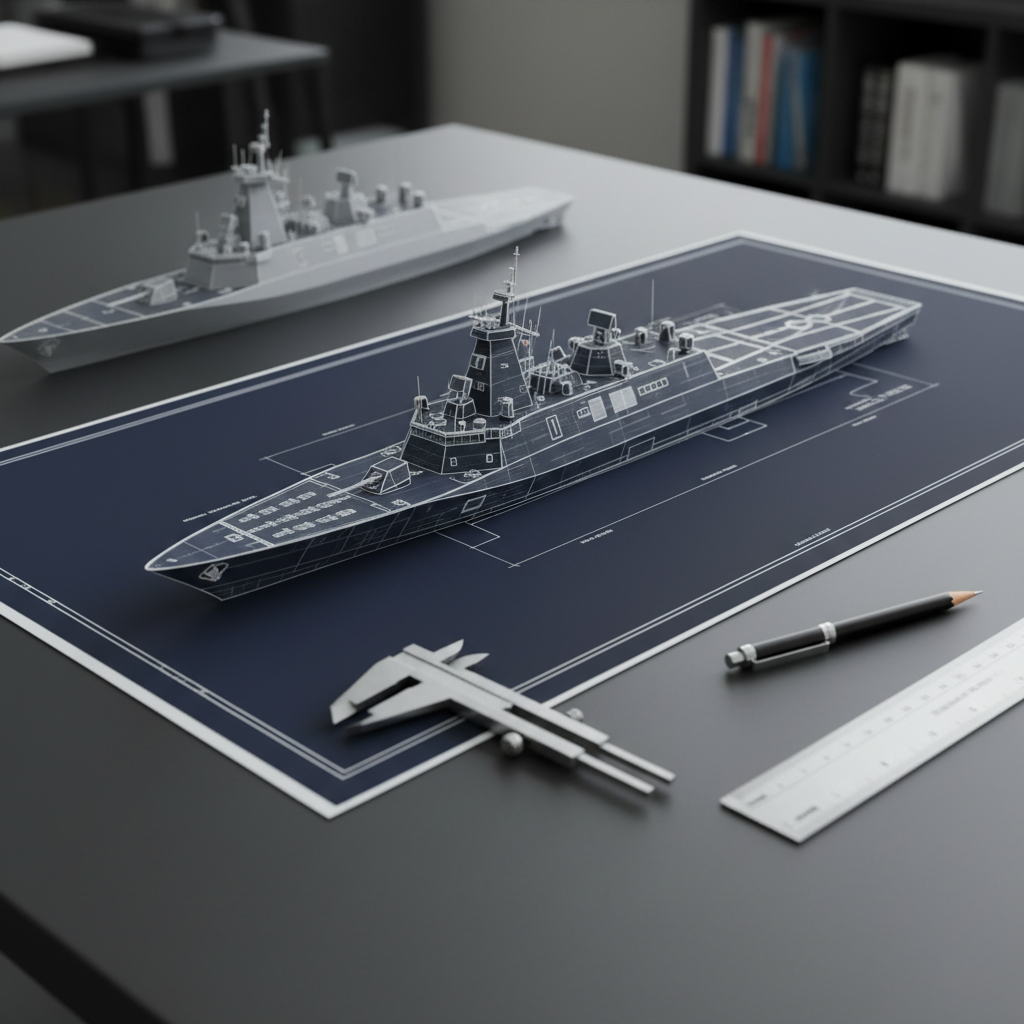 A detailed photographic realism image of a modern warship design blueprint spread across a dark graphite drafting table. The blueprint shows a side elevation and top-down view of a contemporary grey surface combatant with missile cells, radar masts, and flight deck clearly drawn in fine white lines on deep navy paper. Precision metal calipers, a steel ruler, a mechanical pencil, and a small anodized aluminum scale model hull rest on the edges of the plan. Overhead, bright but diffused task lighting creates crisp, shadowed edges and gentle highlights on the instruments, emphasizing accuracy and engineering rigor. Shot from a slightly elevated angle, composed with the blueprint following the rule of thirds, the background fades into soft blur, giving the scene a focused, methodical atmosphere aligned with technical maritime consulting.