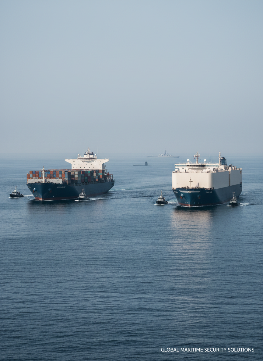 A high-resolution, photographic realism image of modern commercial maritime vessels relevant to defense programs, such as large container ships and roll-on/roll-off cargo vessels at sea, depicted in a serious, professional tone suitable for a defense consulting website, with muted navy and steel color palette and clear weather.